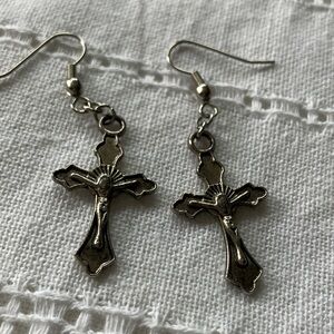 Vintage Silver‎ Crucifix Dangle Hook Earrings